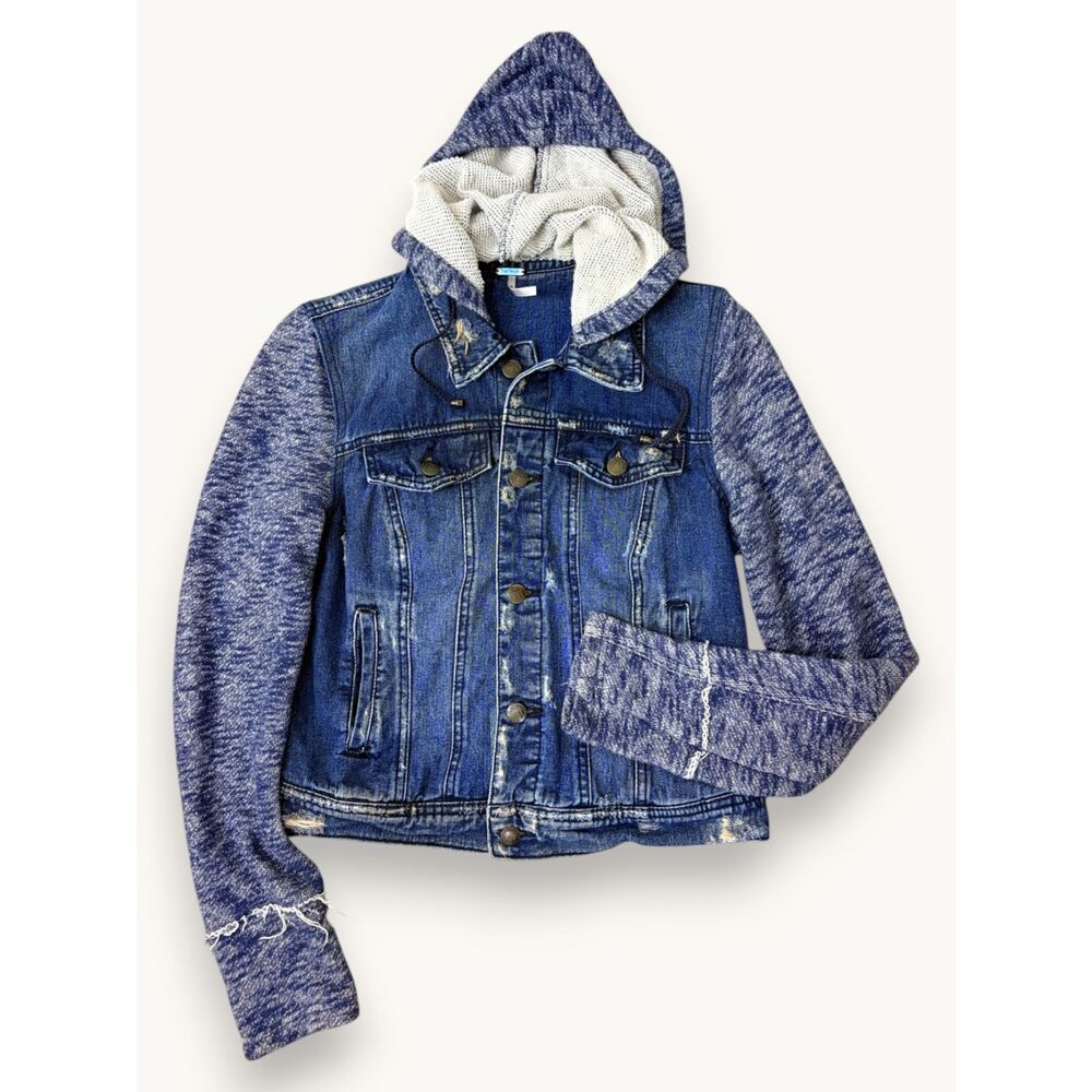 Free People Denim Jacket Knit Sleeves Removable Hood Distressed Boho Blue Small